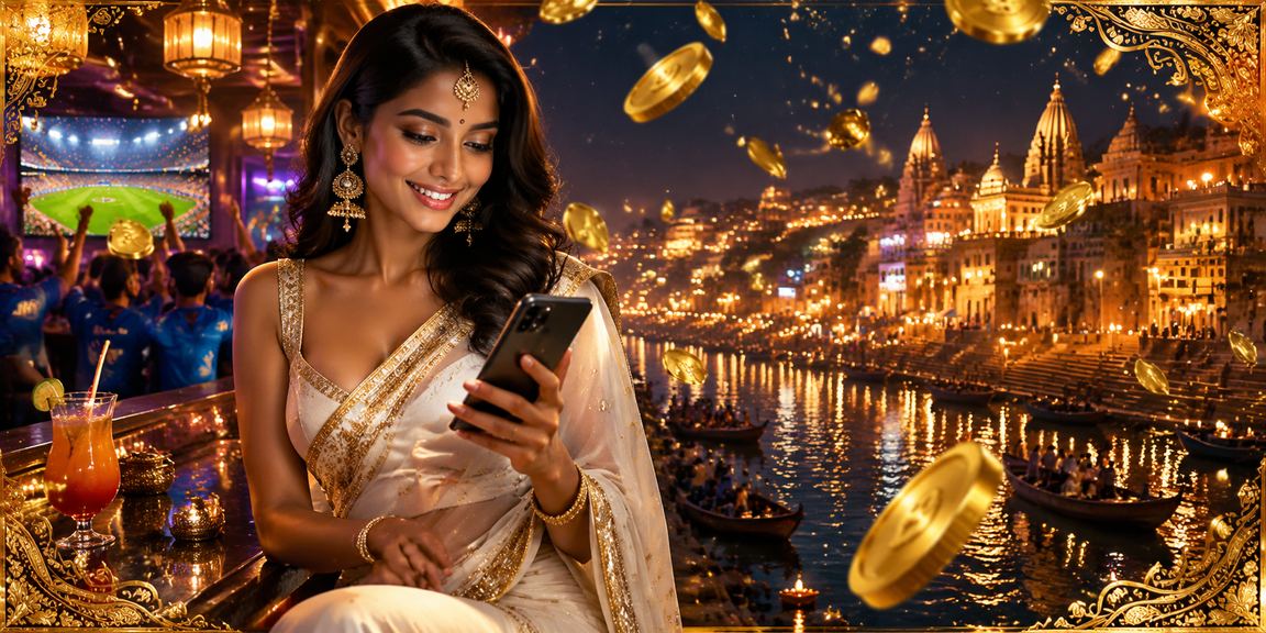 Woman playing casino games on mobile device at Varanasi ghat